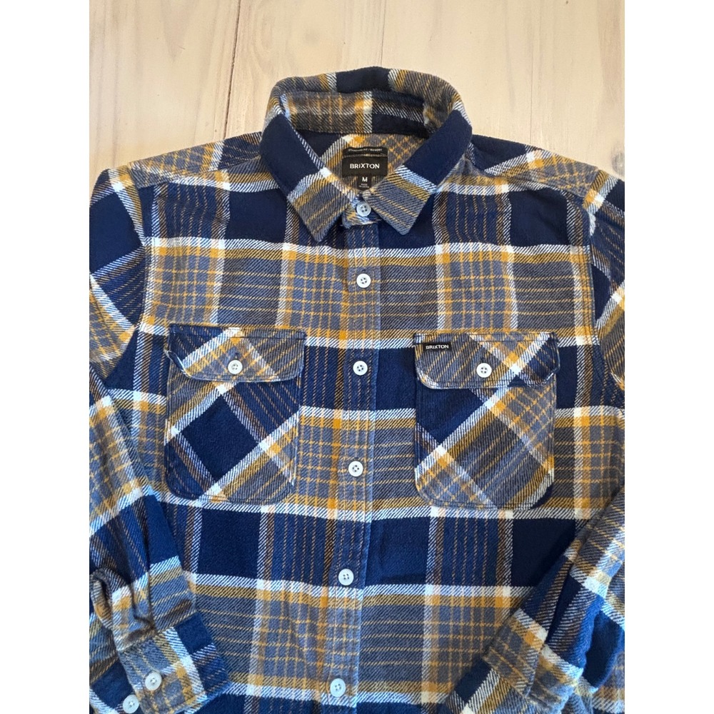 Brixton Bowery Mens Flannel Shirt Blue Gold Plaid Button Up Medium 01213 BU0080